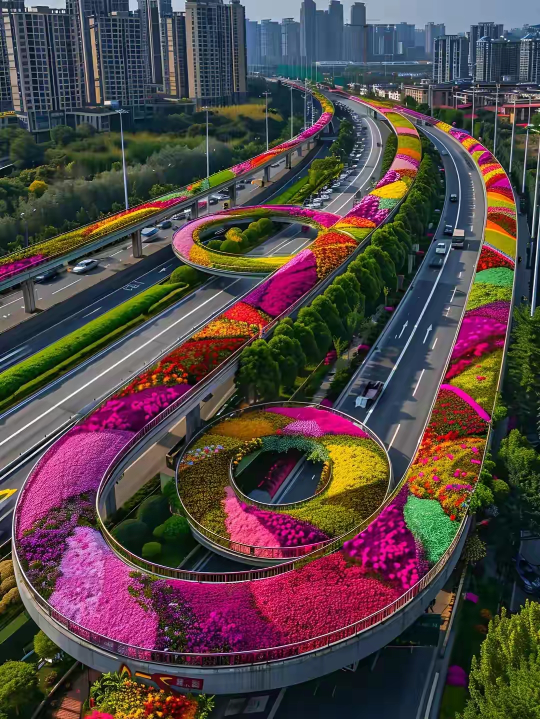 上帝视角园林街区,花团锦簇,城市之春.