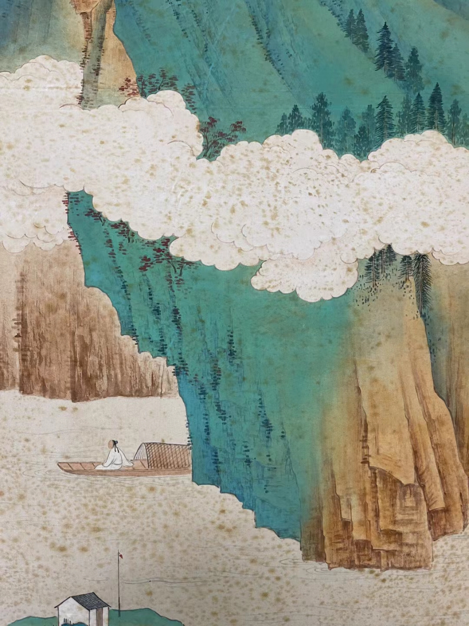 张大千,绢本《泛舟图》日本回流,原装原裱