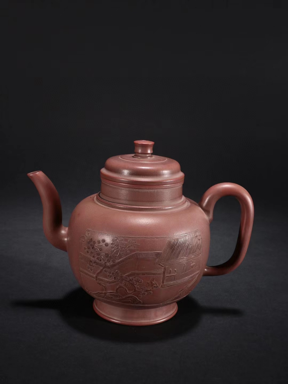 清德堂 老紫砂山水诗文茶壶 规格:高14.5cm宽19.5cm