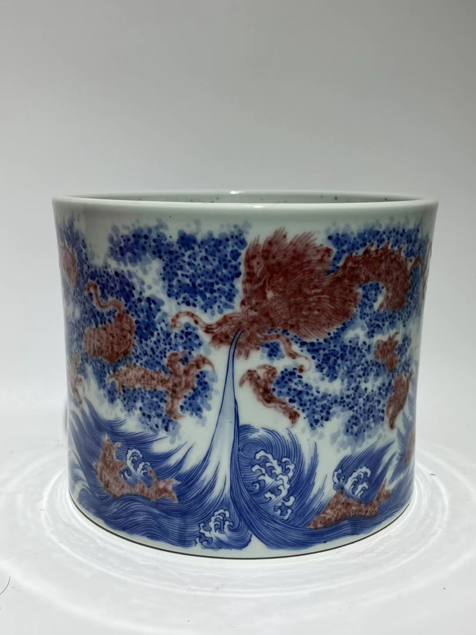 康熙青花釉里红鱼化龙笔筒