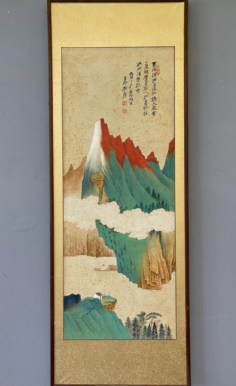 张大千,绢本《泛舟图》日本回流,原装原裱