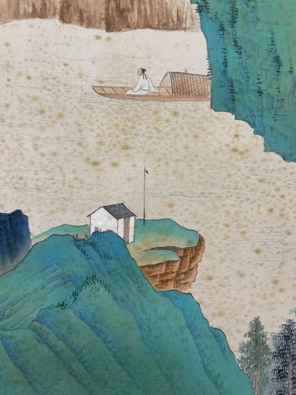 张大千,绢本《泛舟图》日本回流,原装原裱