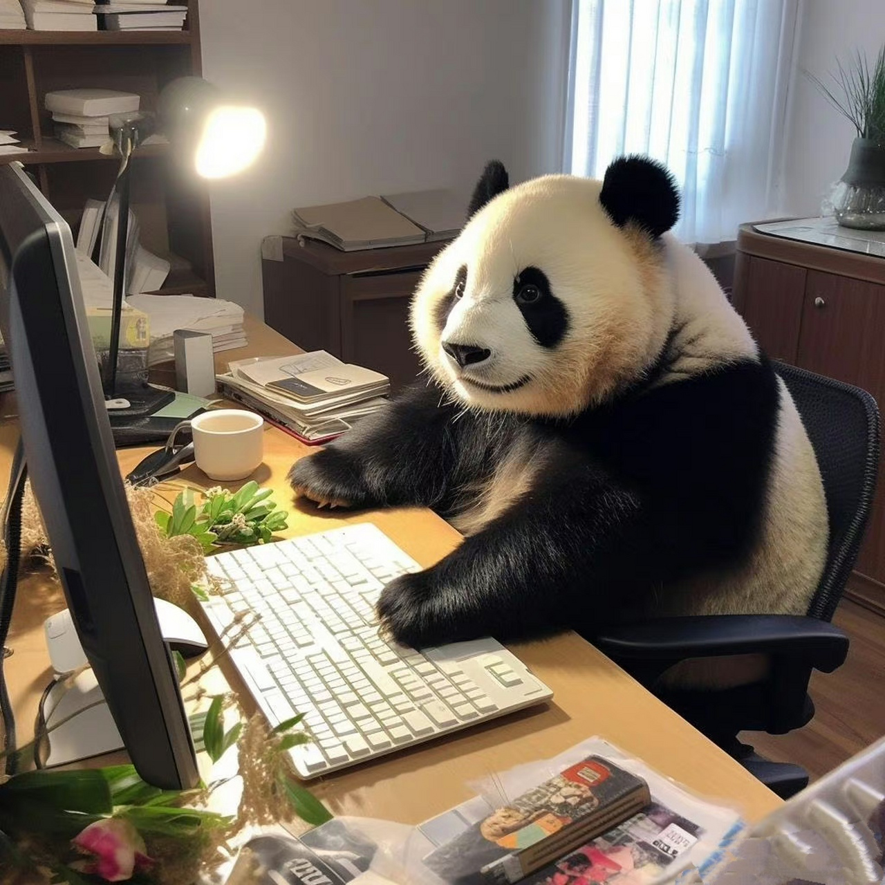 认真工作的熊猫同事.