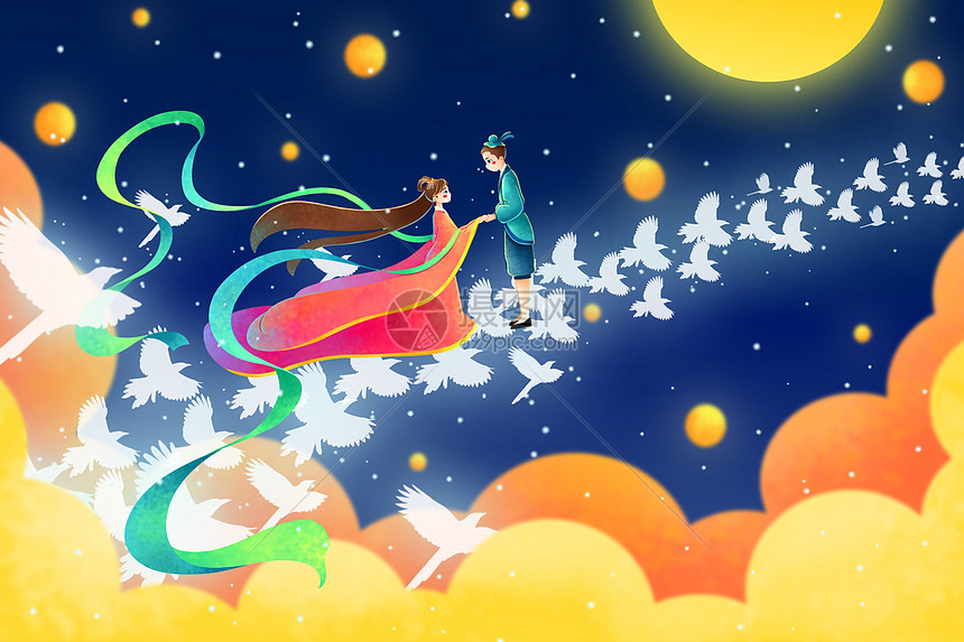 牛郎织女隔空望, 泣泪相思盼团圆. 一年一度七夕会, 鹊做爱桥两岸连.