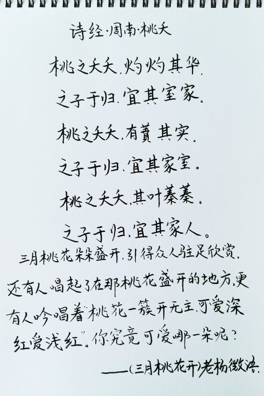 诗经—周南—桃夭      桃之夭夭,灼灼其华.      之子于归,宜其室家.
