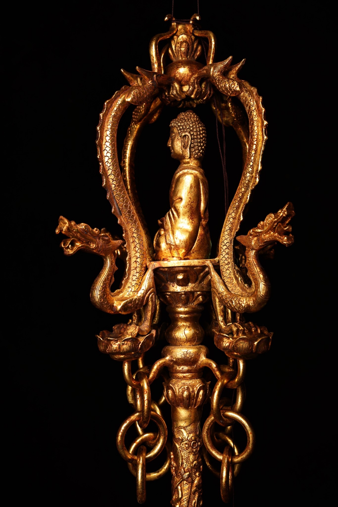 珍品旧藏古寺院收高浮雕錾刻鎏金释迦牟尼佛祖禅杖 品相保存完好