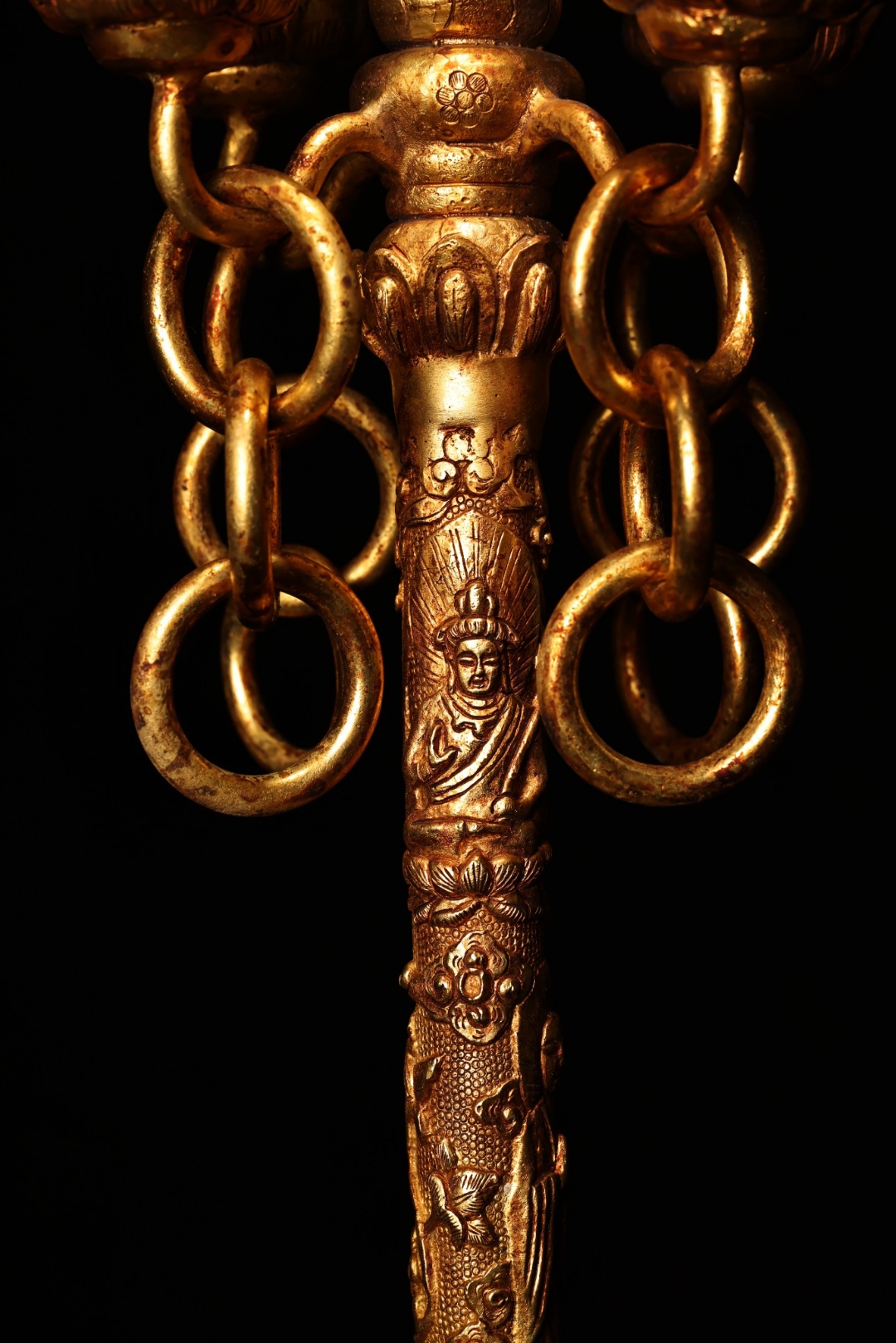 珍品旧藏古寺院收高浮雕錾刻鎏金释迦牟尼佛祖禅杖 品相保存完好