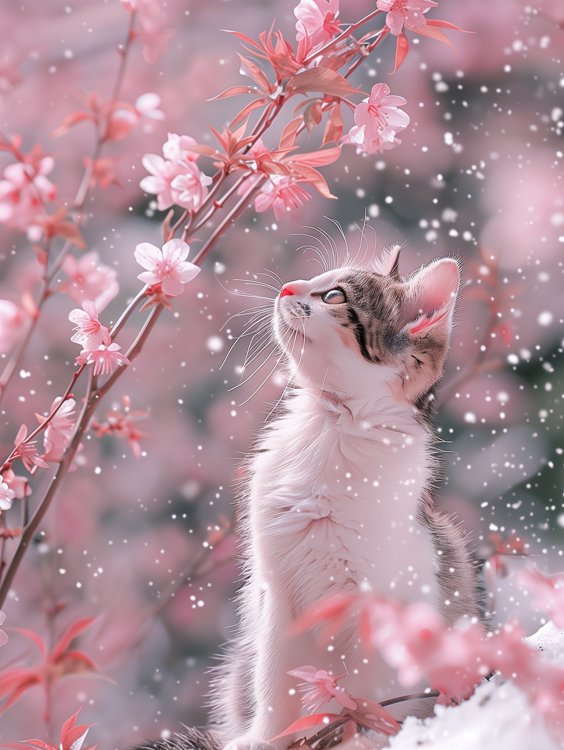 小猫咪的毛色和樱花形成了完美的对比,仿佛在告诉我们,生活中的小确幸