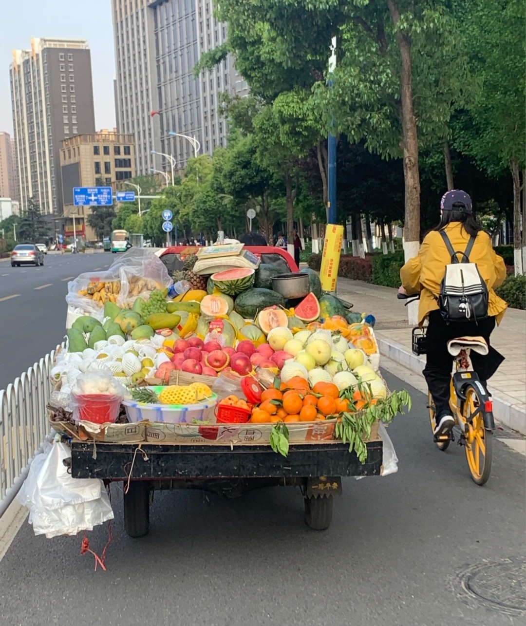 满载水果的手推车,红彤彤的苹果和鲜亮的橙子还有诱人的西瓜,各种水果