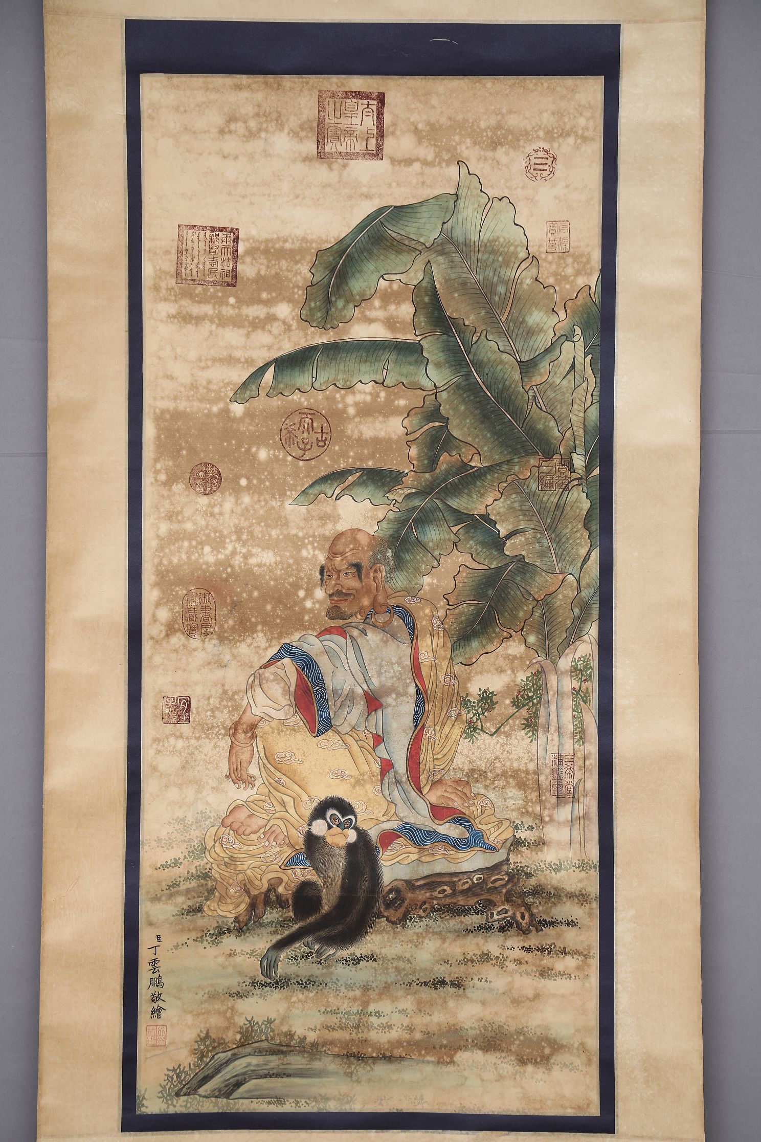 明  丁云鹏   绢本立轴一套十八幅《十八罗汉图》  画心90x40cm.