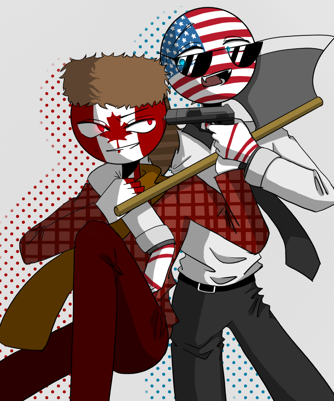 countryhumans#  笑得 美加cp图画成美加互殴图