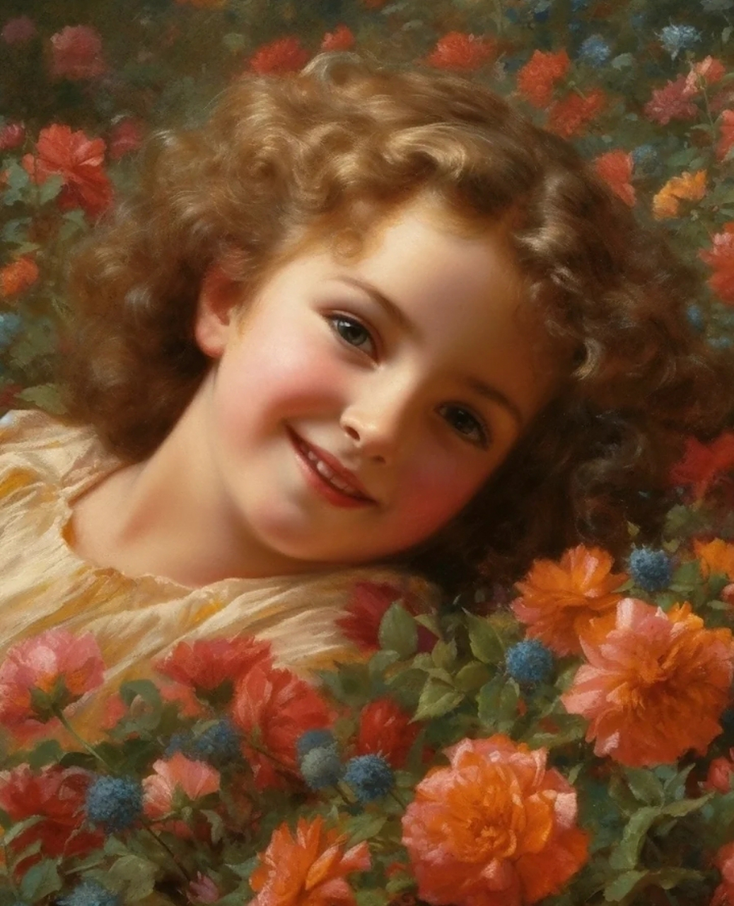 油画:躺在花丛中的女孩