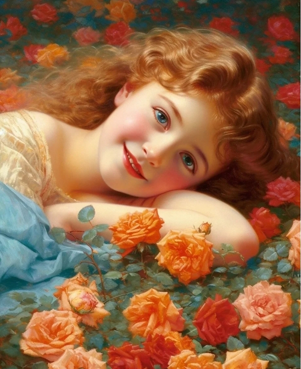 油画:躺在花丛中的女孩