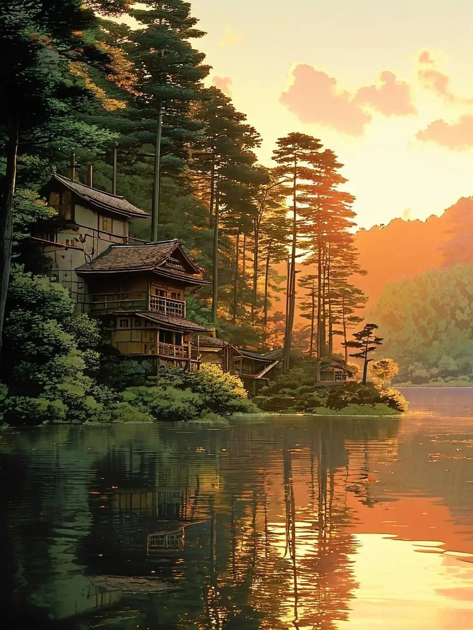 夕阳下的湖边小屋