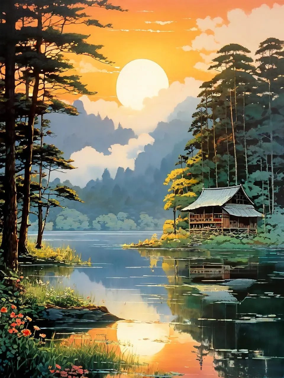 夕阳下的湖边小屋