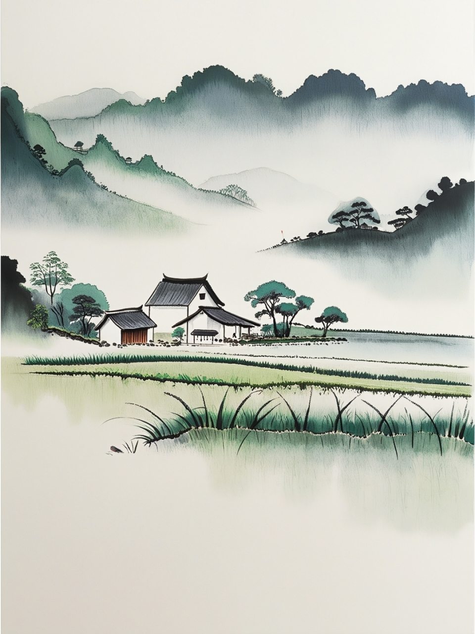 国画小山村山水画图片