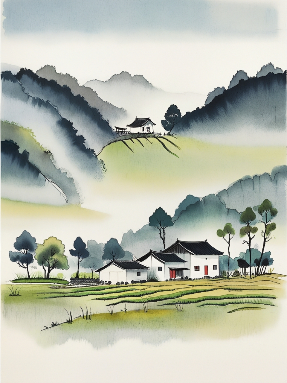 国画小山村山水画图片