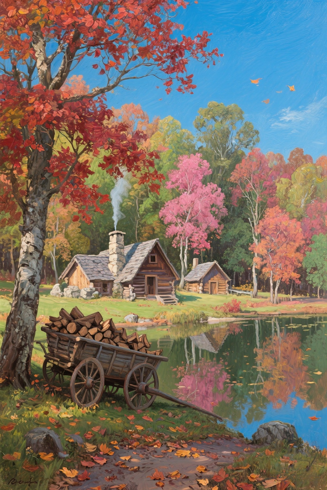 油画里的秋日童话小村