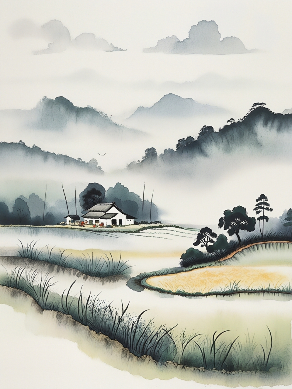 国画小山村山水画图片