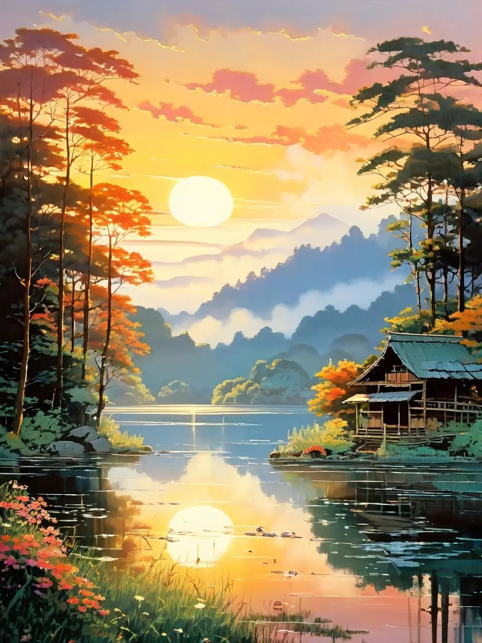 夕阳下的湖边小屋