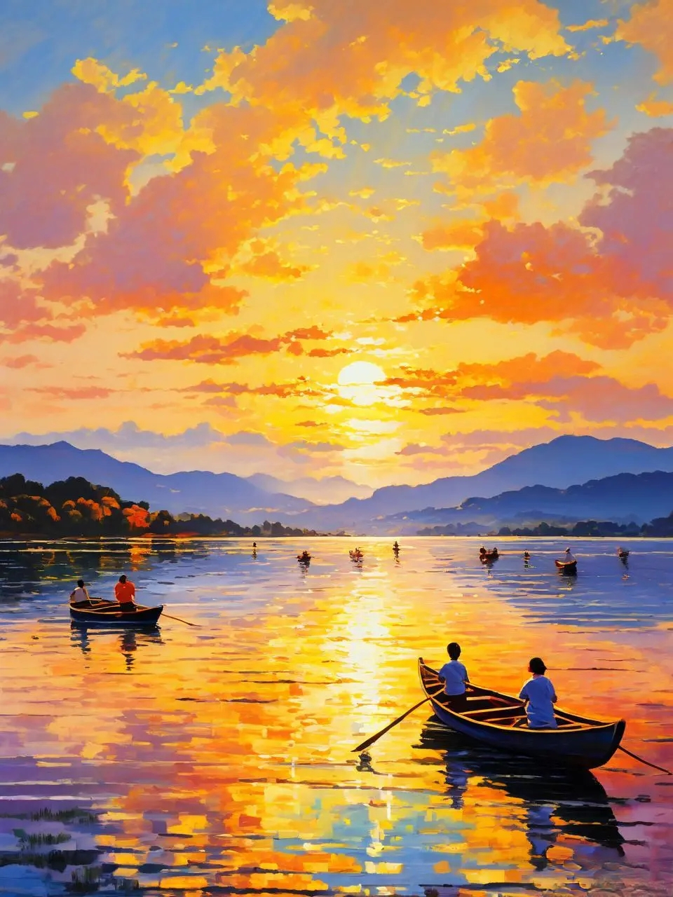 落日余晖中,小船儿飘荡在湖面,心随轻舟荡漾.