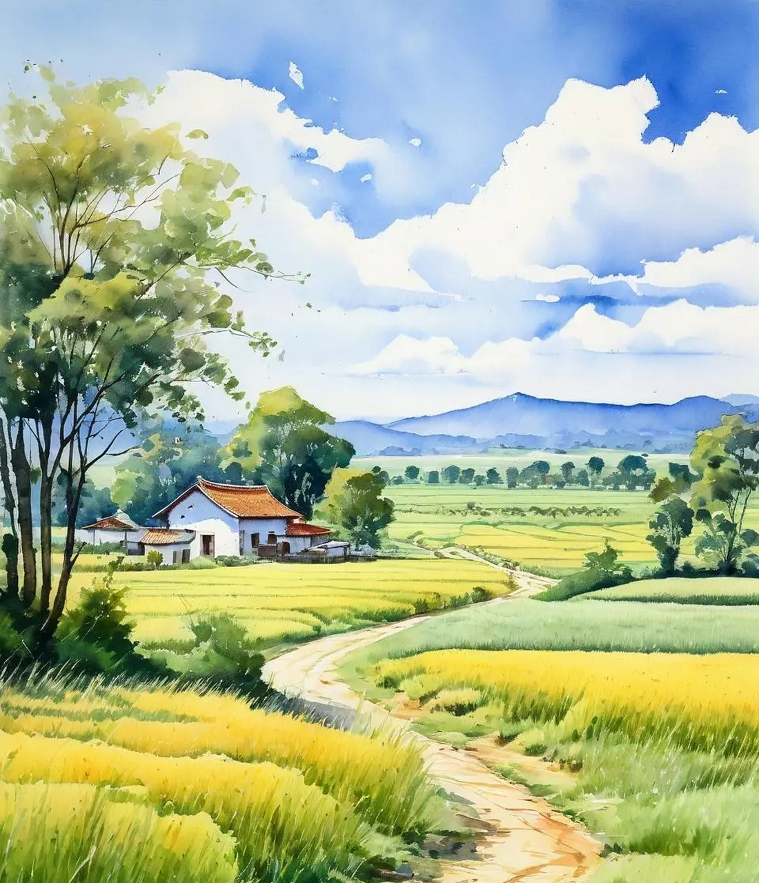秋天的田野,金黄色的希望,小路蜿蜒至梦中老家.