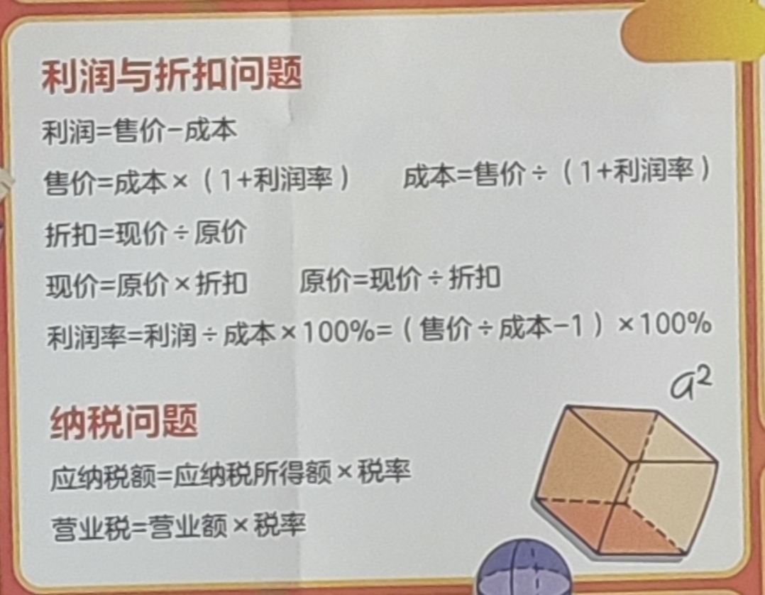 利润与折扣,纳税问题的计算公式,一共7个公式,让你小学数学相关问题