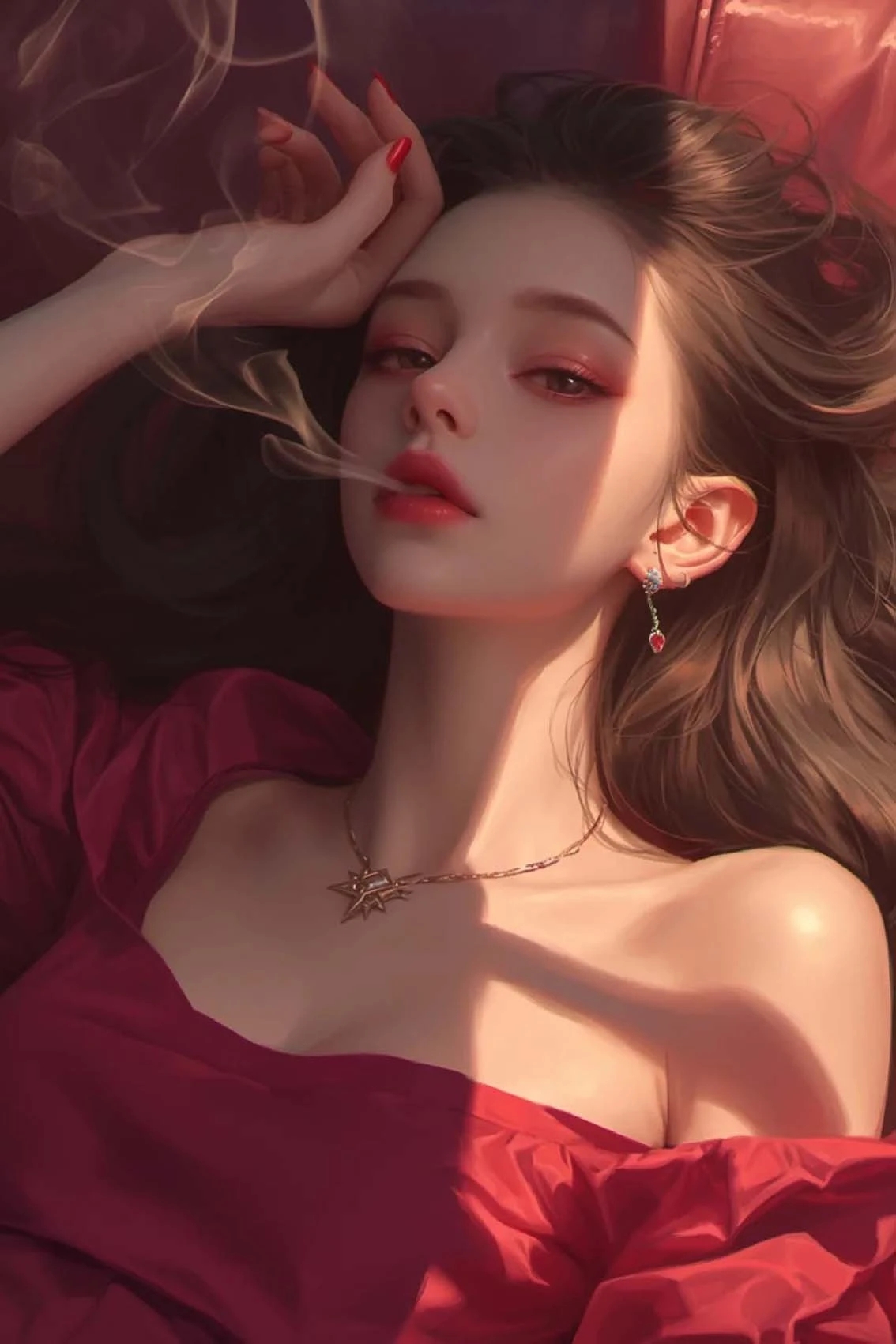 烟雾缭绕中,她眼神迷离,仿佛在诉说着不为人知的秘密