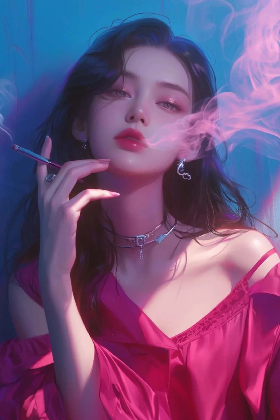 烟雾缭绕中,她眼神迷离,仿佛在诉说着不为人知的秘密