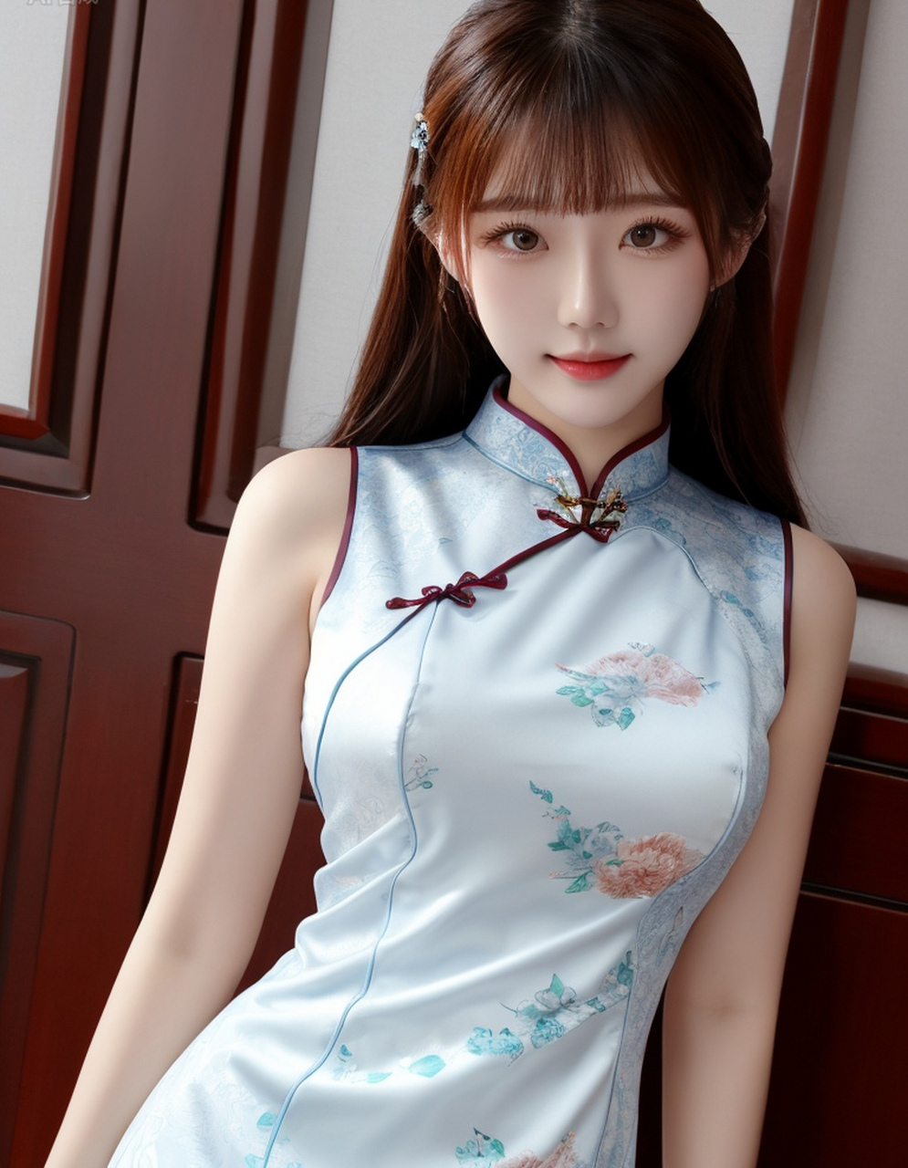 她的棕色发丝柔顺整齐,额前的齐刘海增添了几分俏皮.