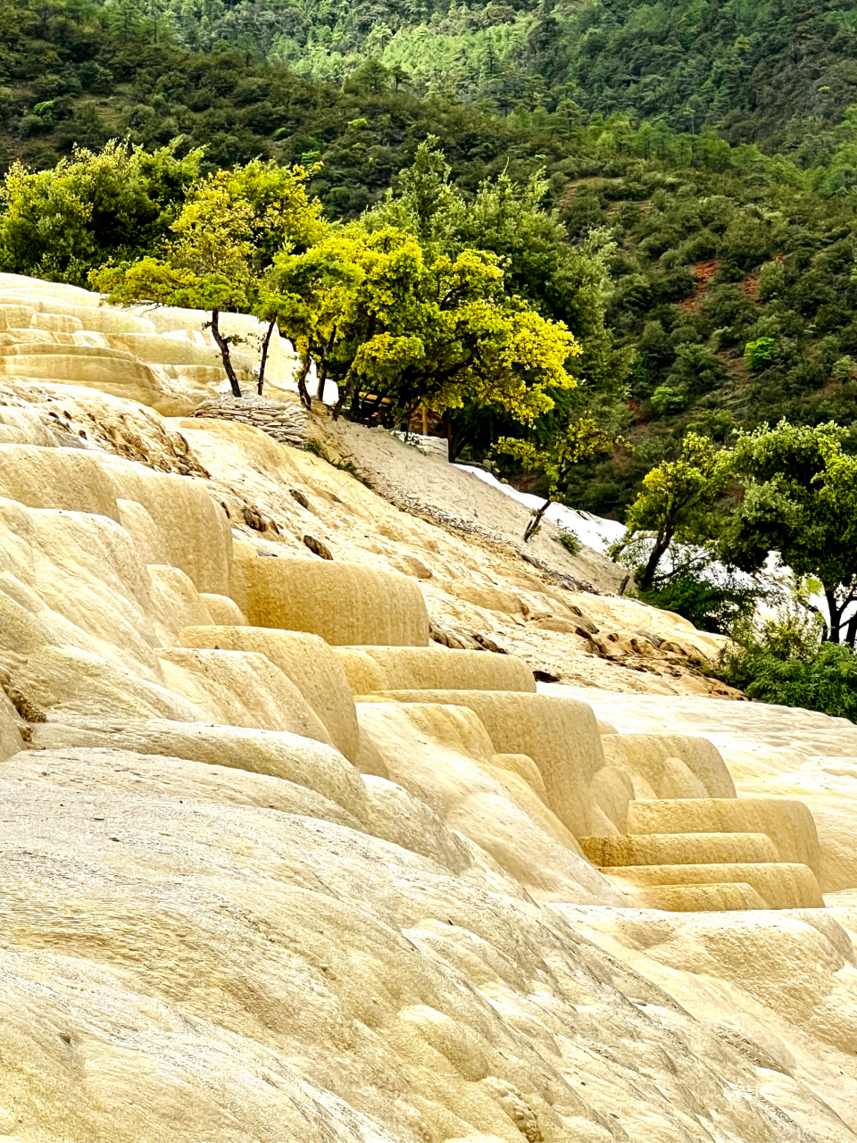 白水台,中国″棉花堡" 在丽江到香挌里拉的东环路的哈巴雪山山麓有个