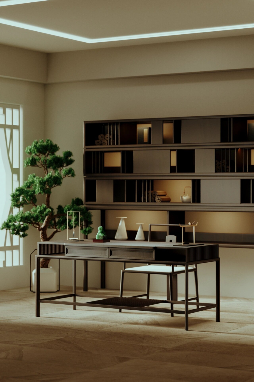 在这静谧的书房一角,新中式书柜和桌子默默地守护着知识的宝藏.