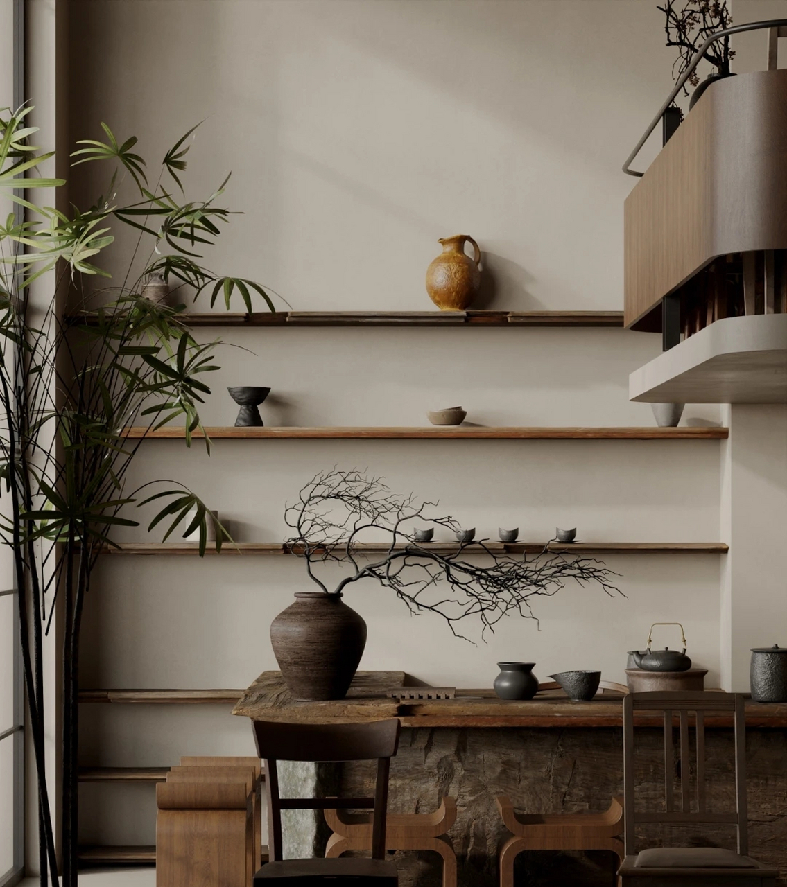 打造侘寂风禅意茶馆91 整个空间采用质朴的色调和墙面质感,化繁为简