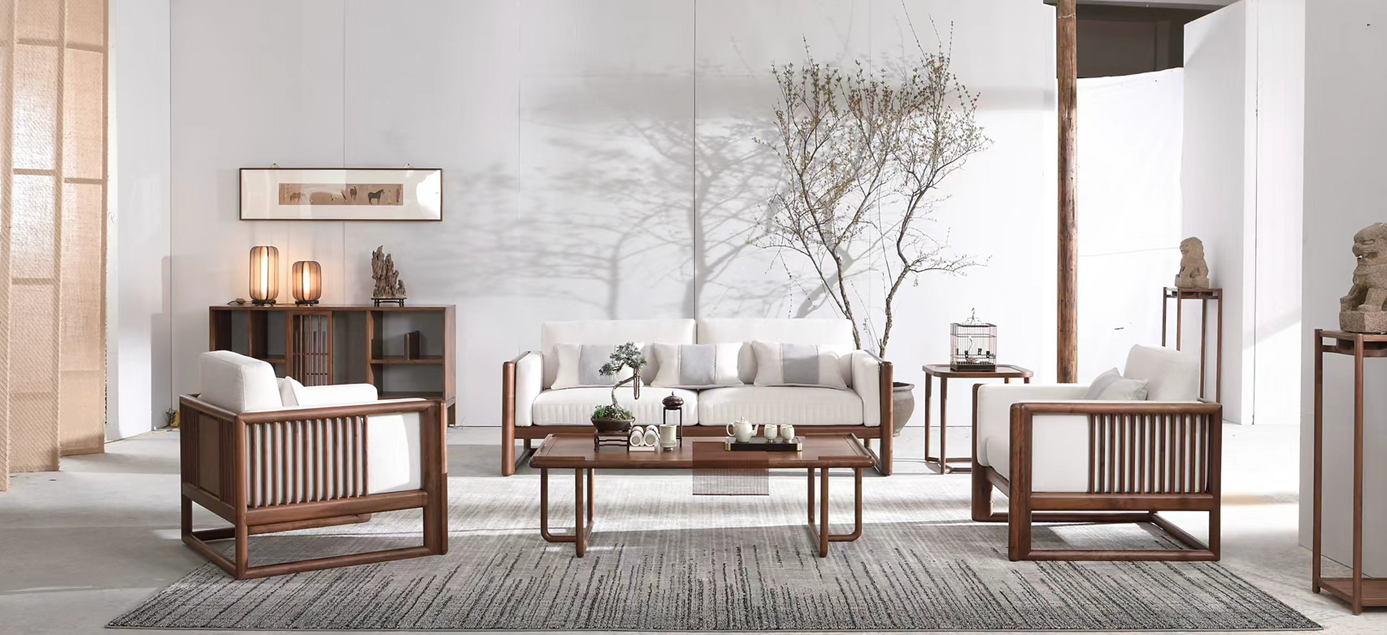 梦想中的极简新中式[微风] 非常经典的一套沙发款式,黑胡桃木搭配棉麻