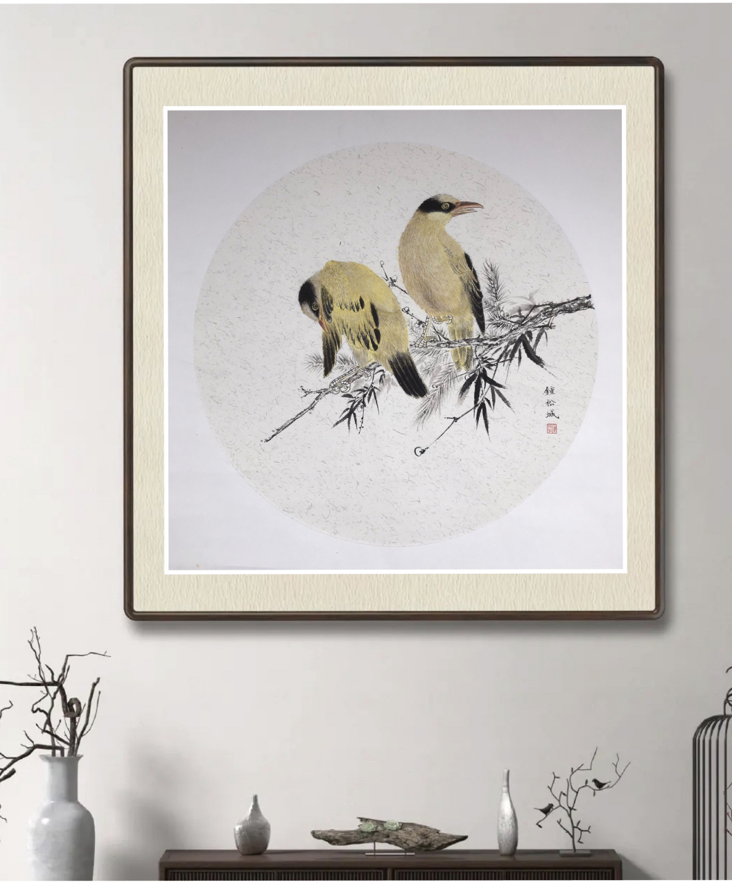 工笔花鸟画 工笔黄鹂鸟,内芯直径43厘米,团扇软卡麻生宣