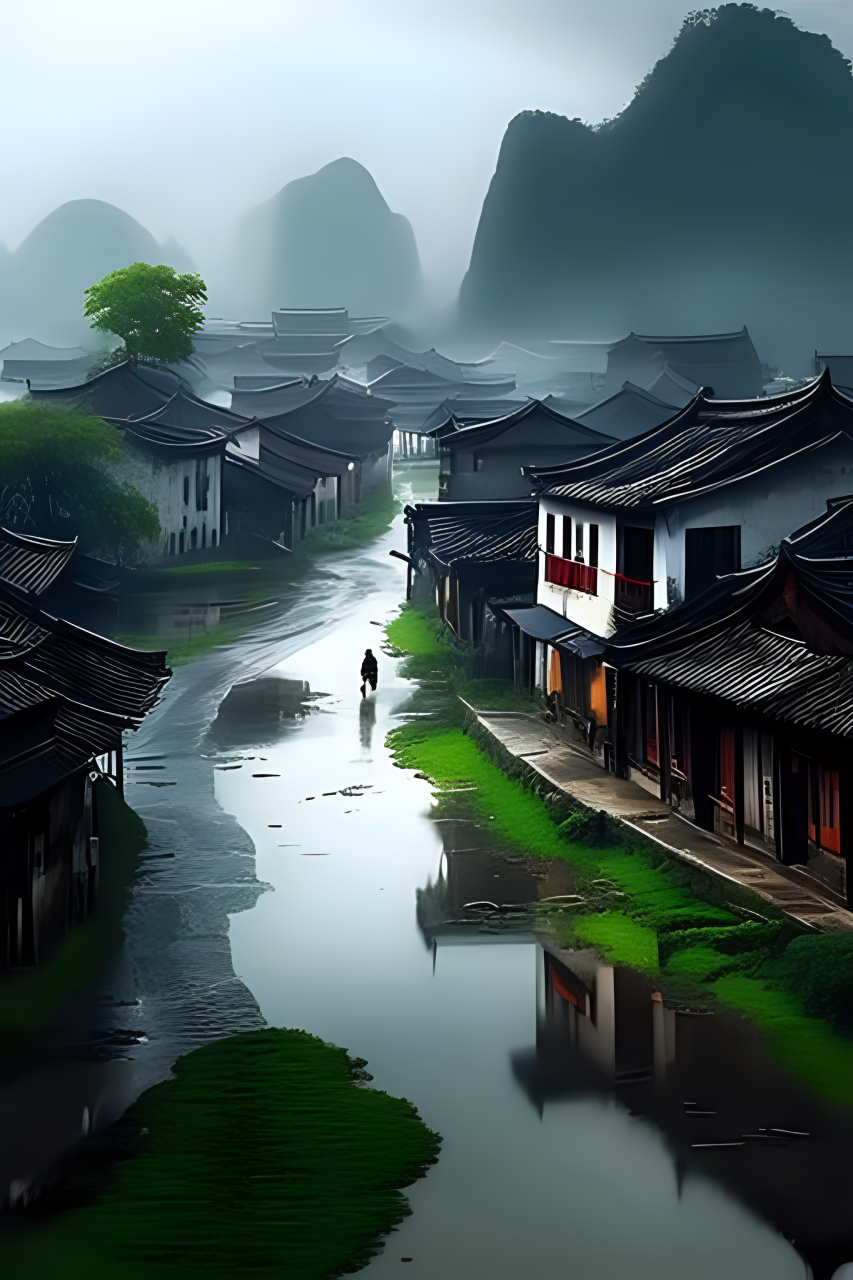 水墨江南烟雨深, 山水田园绵延远. 垂杨柳绿遮轻舟, 微波荡漾拍浅滩.