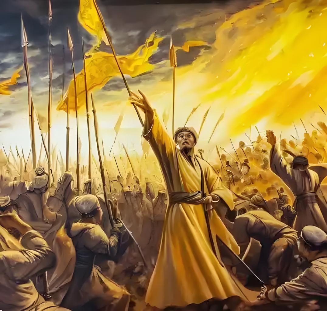 谁施符水疗世?枯骨垒朱旒.十载霜传星火,卅六方燃鼎镬,钜鹿起兜鍪