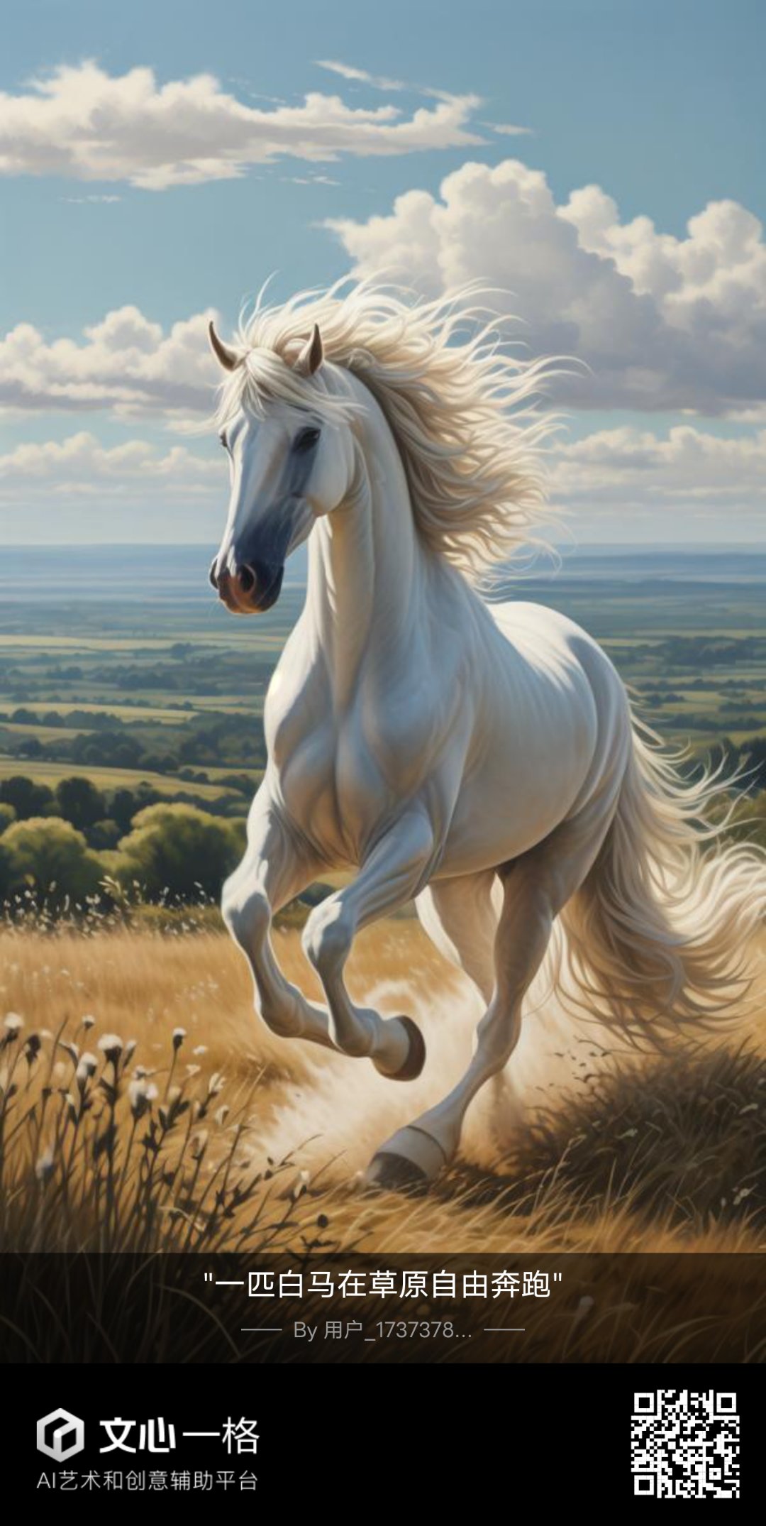"在广阔的草原上,一匹白马尽情奔跑,展现自由与活力