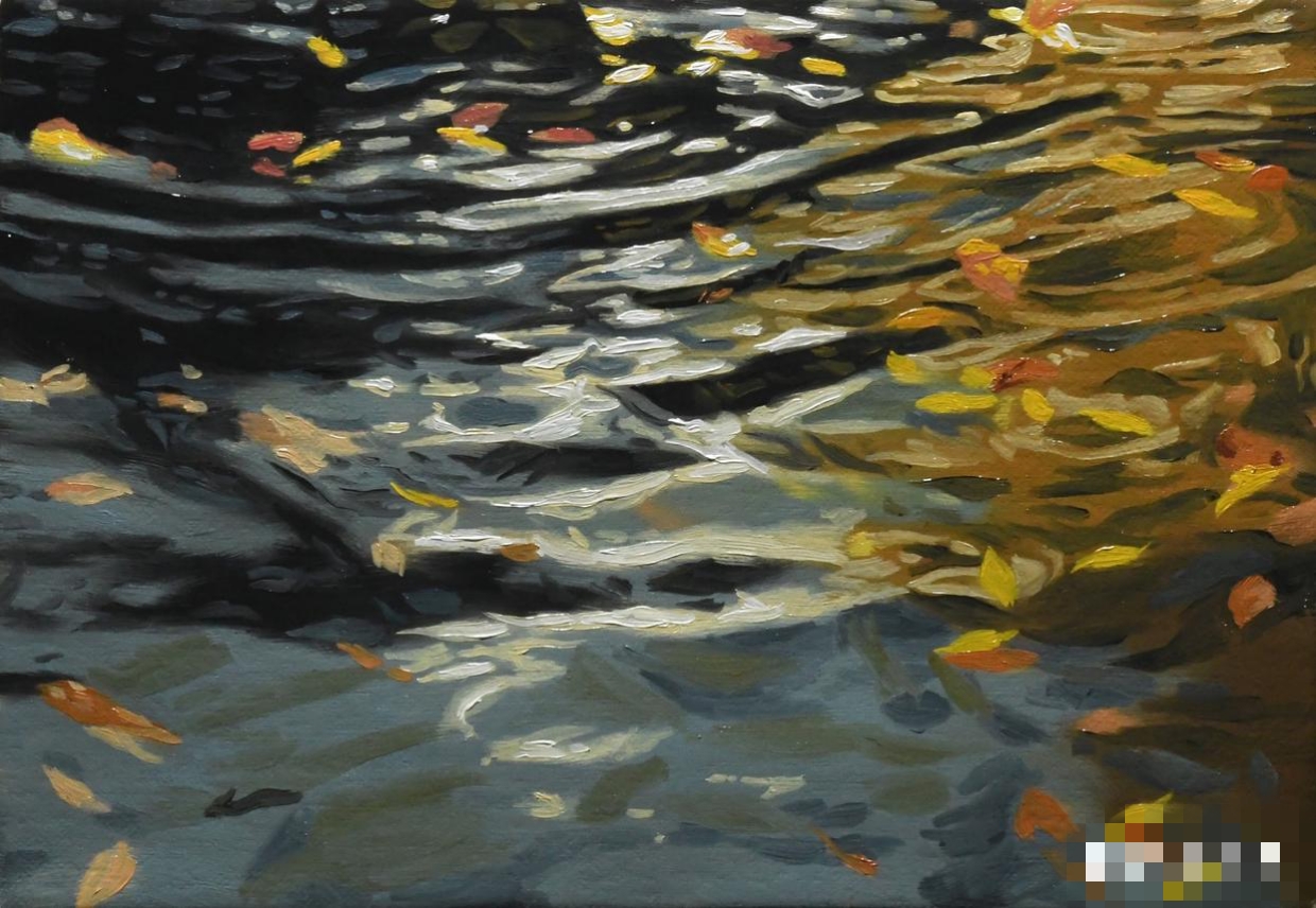 油彩→水彩 油画画的像油, 水彩画的像水.水彩显得更清澈一点.