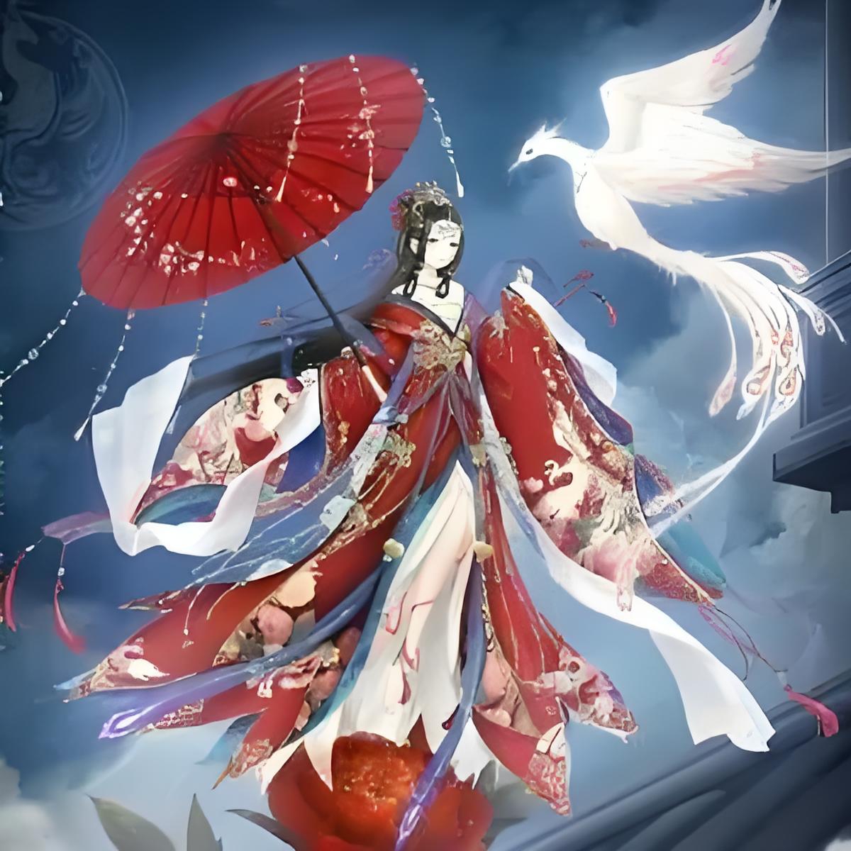 樱花树下,古风美人持伞而立,与凤凰共舞于云端,美哉美哉!