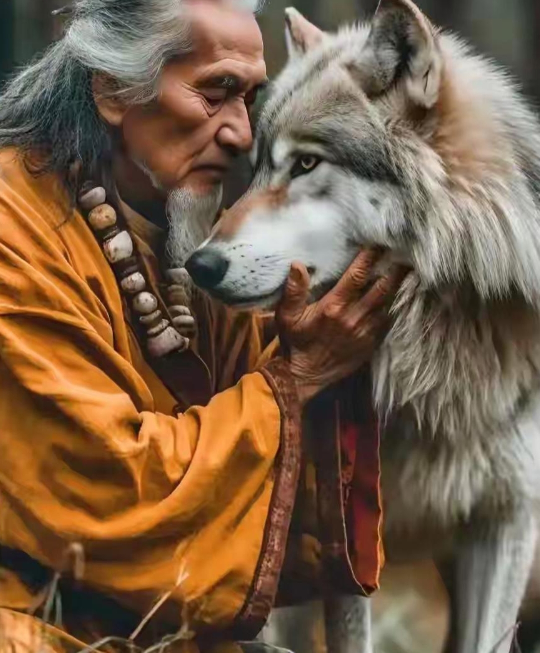 在那苍茫天地间,人与狼的目光交织成一幅触动心弦的画卷,深情对望间