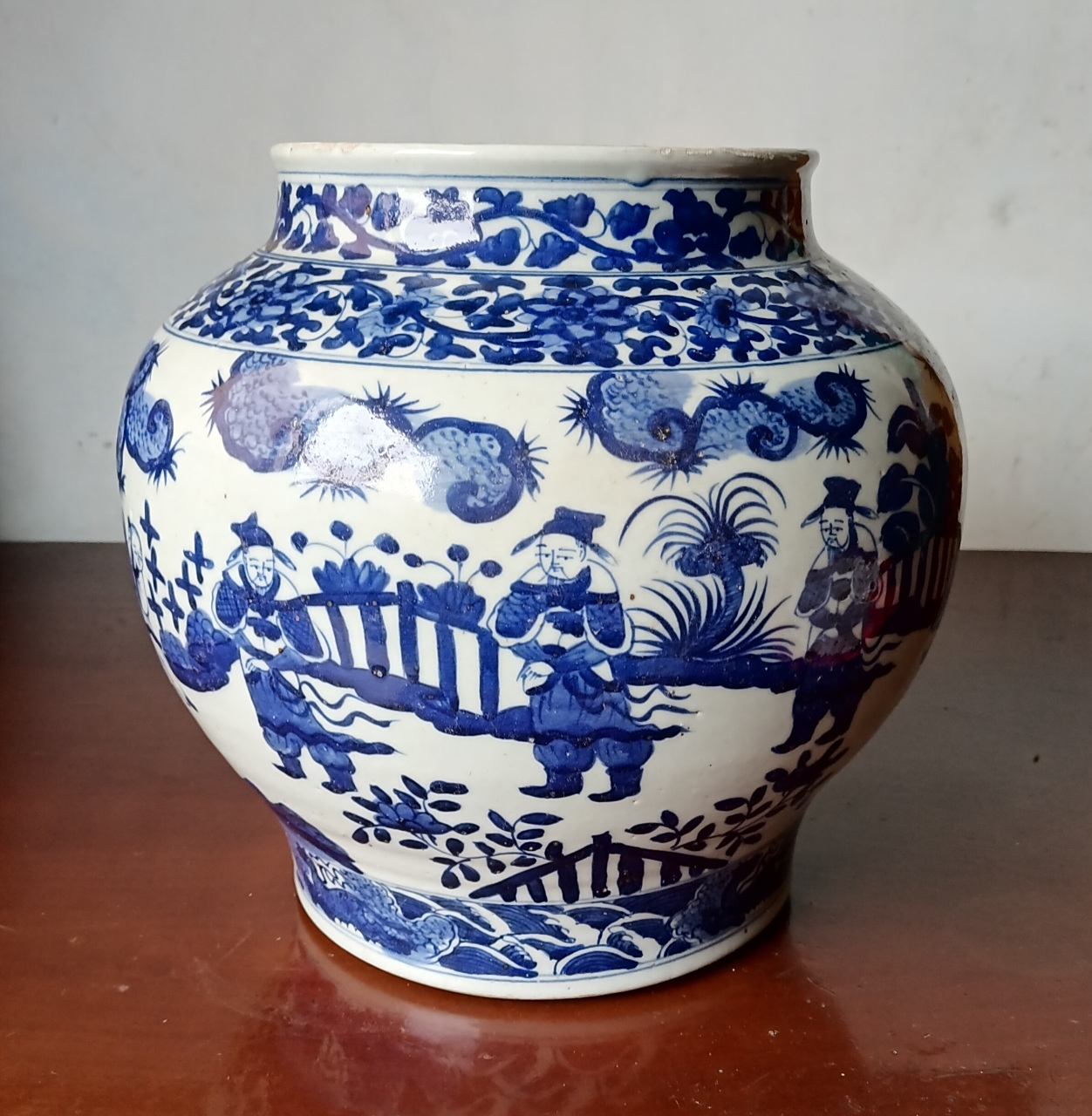 明嘉靖青花人物三顾茅庐图罐.(民窑上品)请大家欣赏.