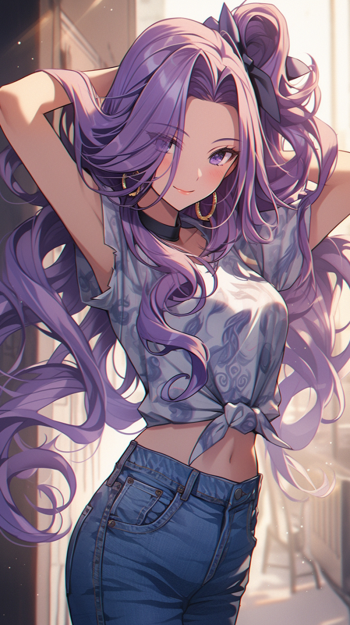 紫色长发飘逸,动漫美少女户外随性.