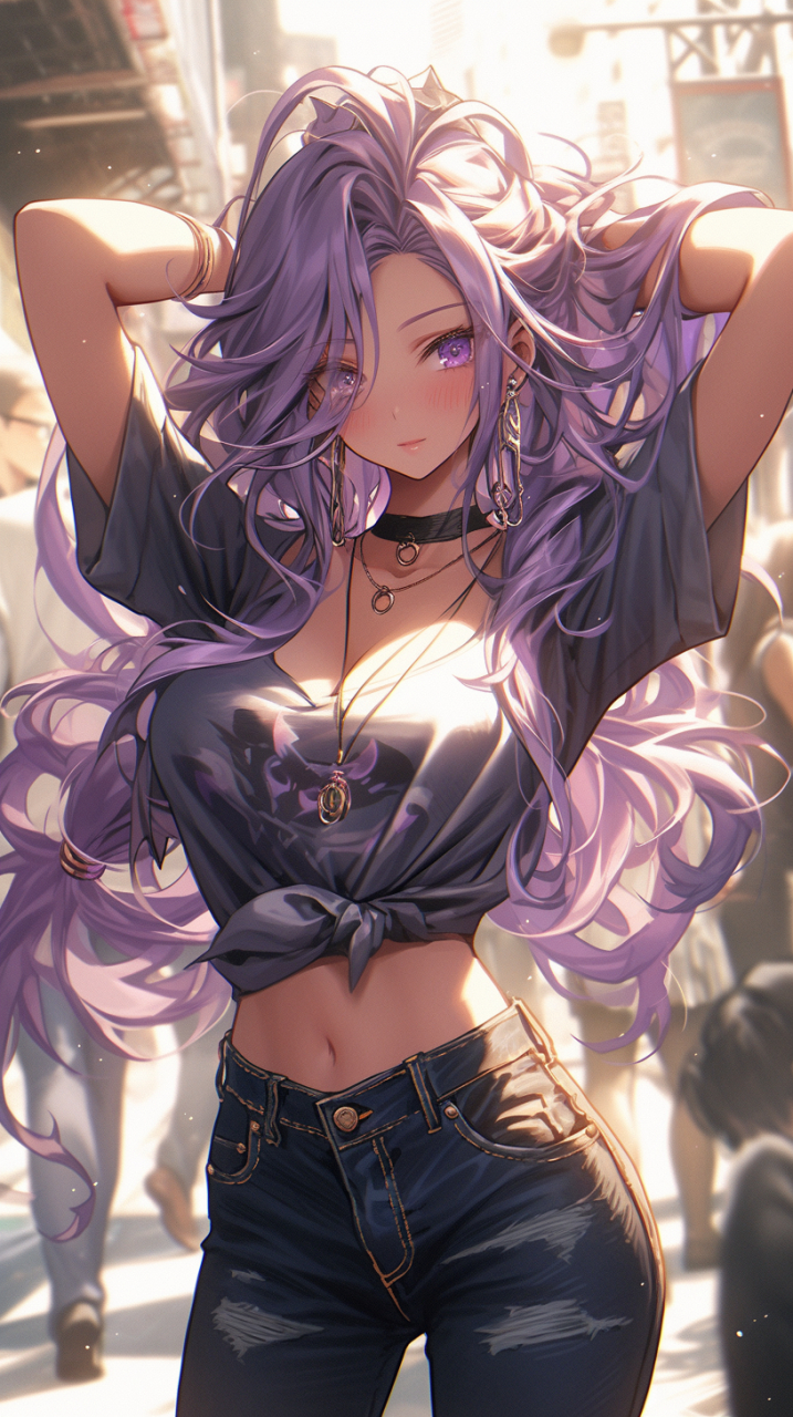 78  在这幅画中,一位可爱的动漫美少女站在户外,紫色长发随风飘逸