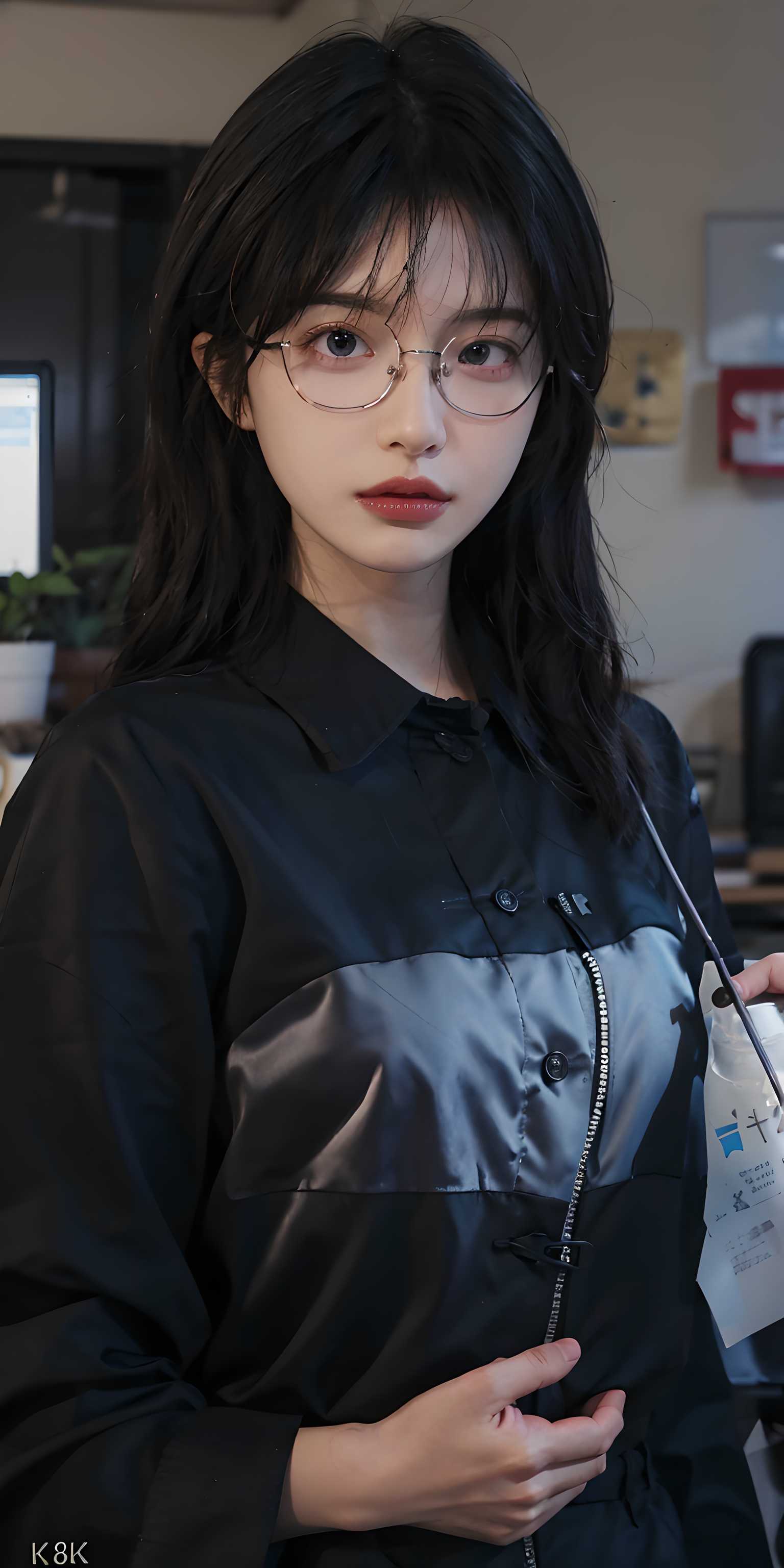 在这幅图中,一位黑发女子身穿黑白衬衣,眼镜增添了