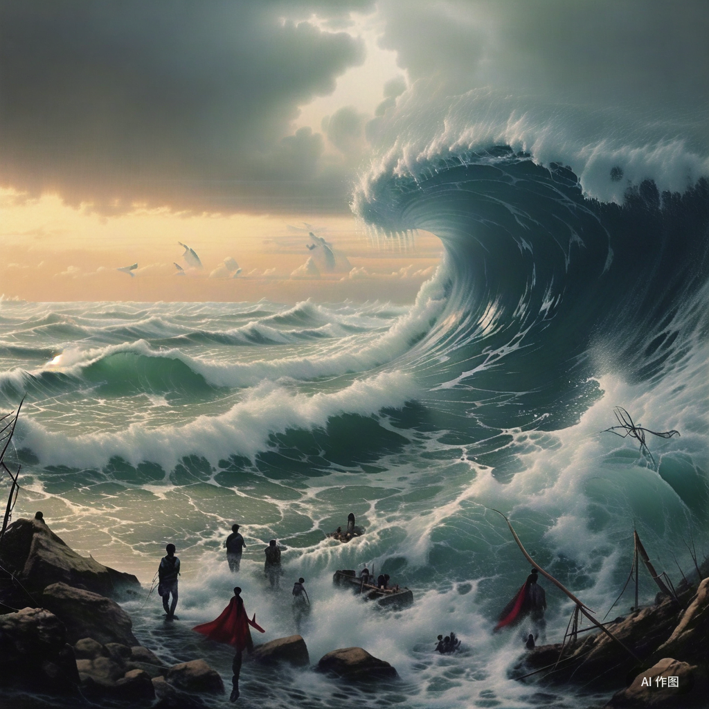 看ai做的海啸图片虽然没有火山的那么真实  而且还个别地方有违背常理