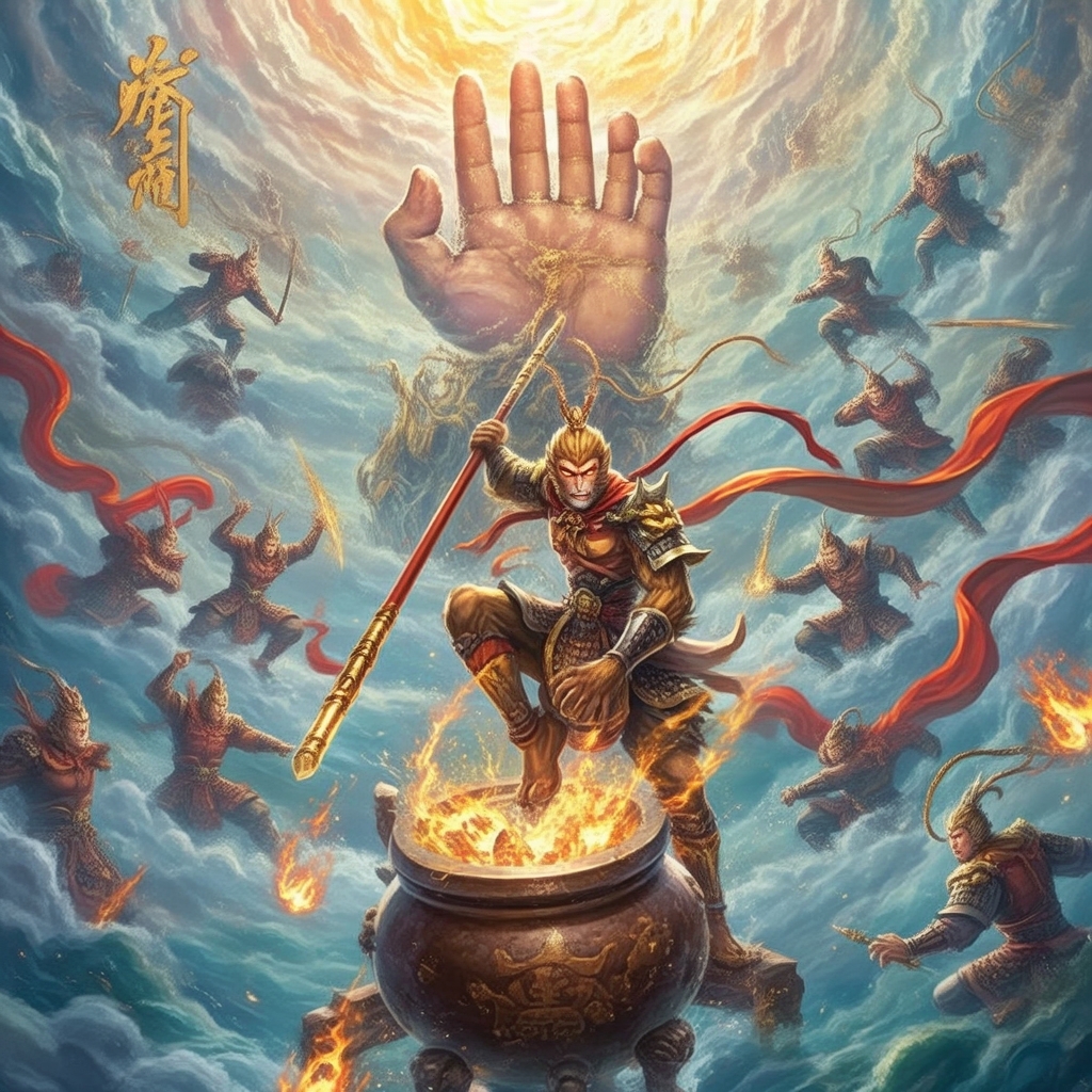 蟠桃宴的琼浆玉液泼洒成河,众仙官提着袍角在云海里跌撞逃窜