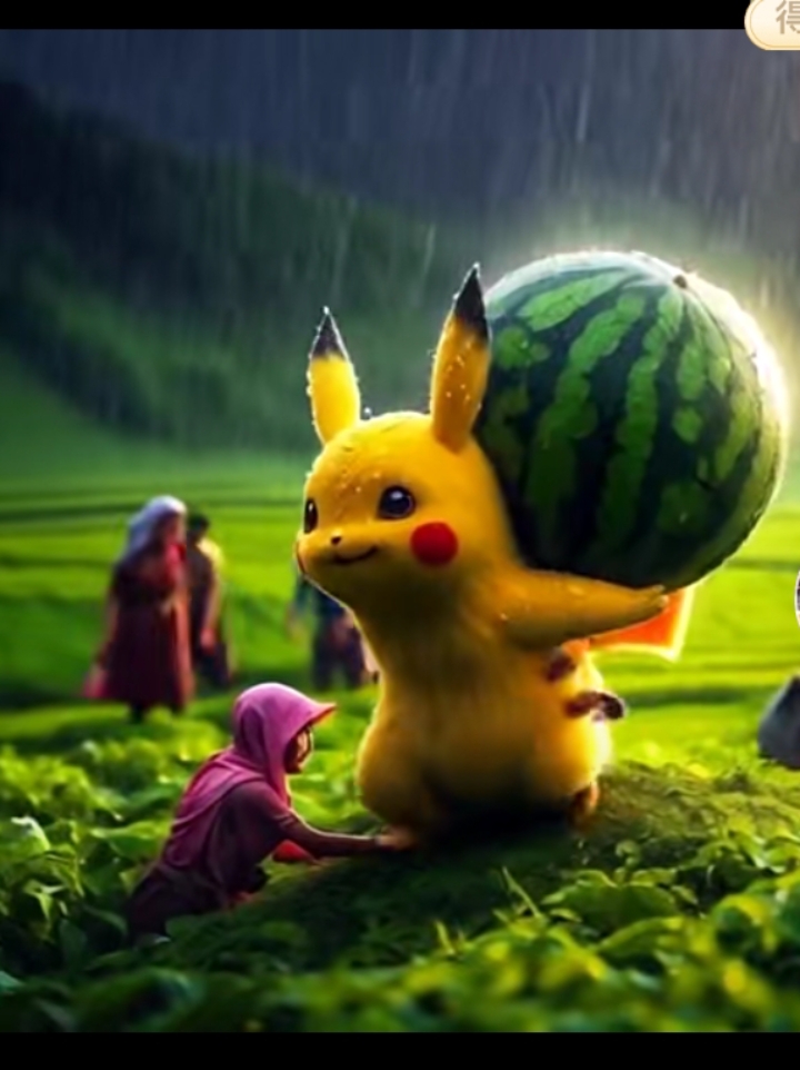 皮卡丘采了一个大西瓜 二次元  ai视频 雨中皮卡丘,背上西瓜,萌力