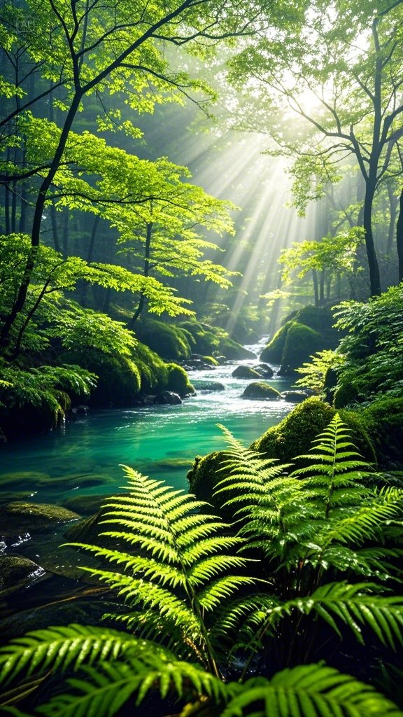 哇,这森林小溪的水真是清澈见底,绿得像块儿翡翠,阳光透过树叶洒下来