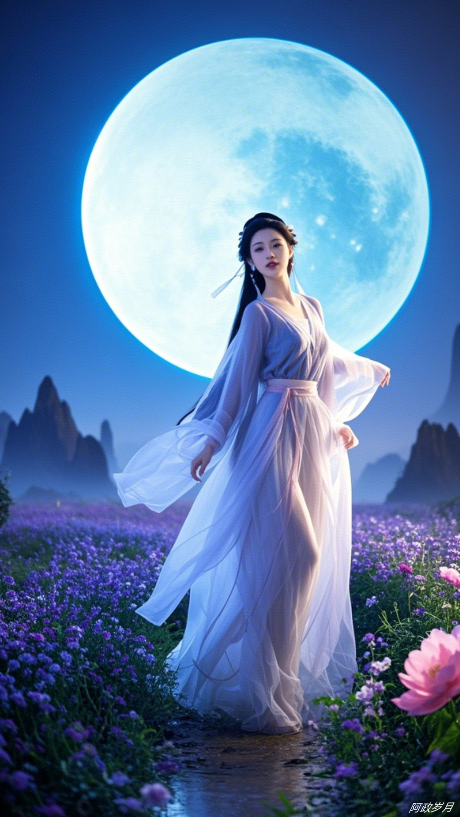 一轮明亮的圆月下,一位身着飘逸古风服饰的女子宛如从画中走来的仙子